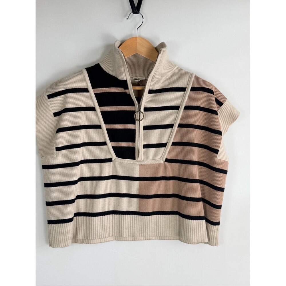 Sweater Top Large Entro Striped Half Zip O-Ring Mock Neck